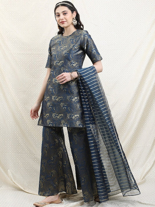 Vishudh Women Poly Brocade Teal Floral Kurta with Sharara & With Dupatta