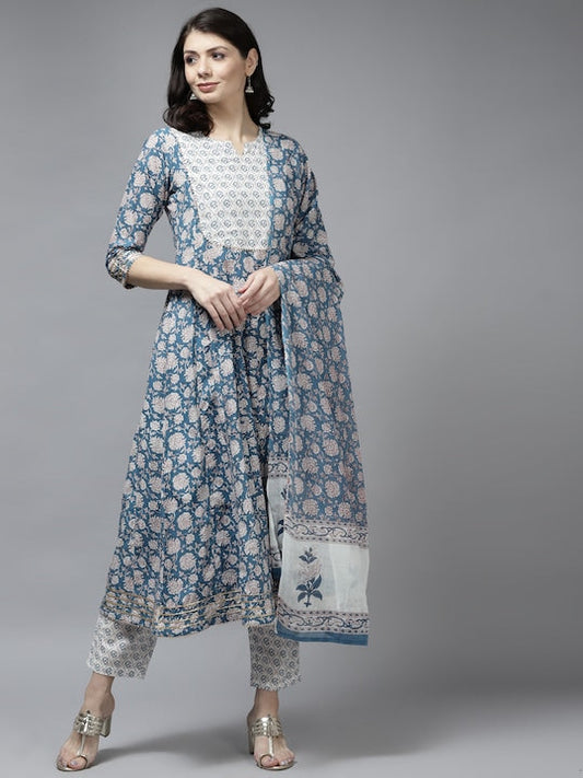 Yufta Women Navy Blue Floral Printed Sequinned Pure Cotton Kurta with Palazzos & With Dupatta