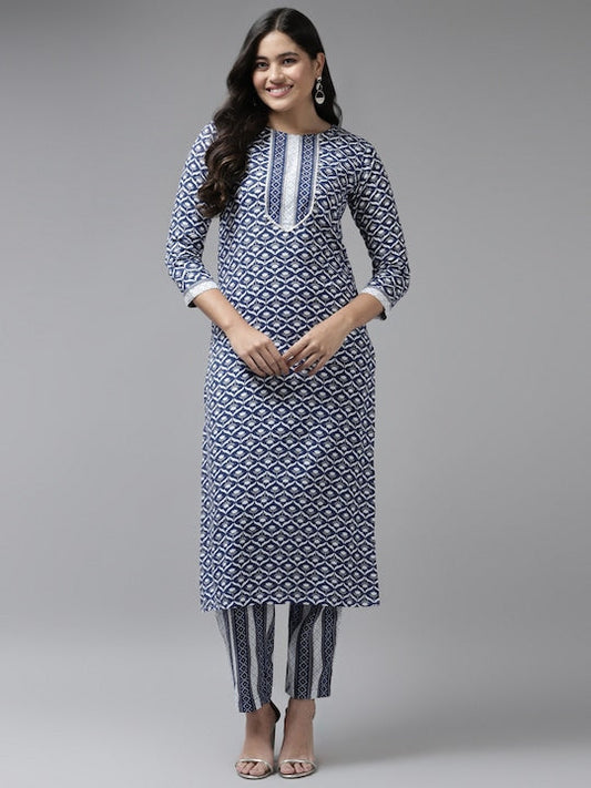 Yufta Women Blue Ethnic Motifs Printed Kurta with Trousers
