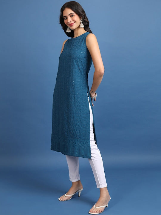 Vishudh Teal Floral Embroiderd Sequinned Sleeveless Straight Kurta