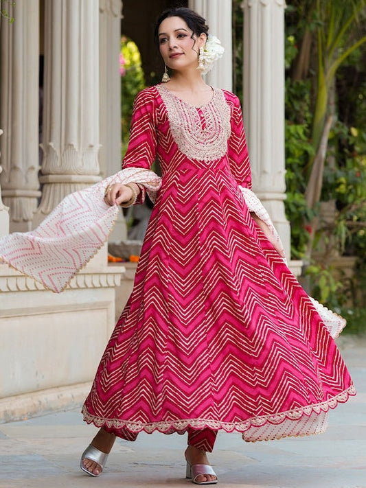 Yufta Chevron Printed Anarkali Sequinned Kurta with Trousers & With Dupatta