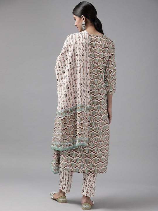 Yufta Women White Printed Pure Cotton Kurta with Trousers & With Dupatta