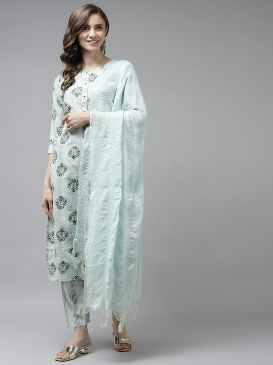 Yufta Women Sea Green Ethnic Motifs Printed Kurta with Trousers & Dupatta