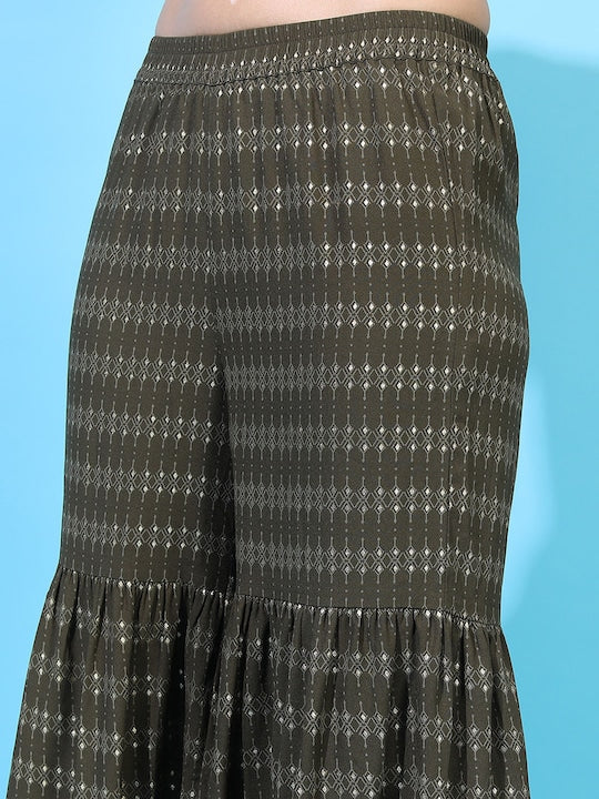 Vishudh Green Ethnic Motifs Printed Pleated A-Line Kurta with Sharara & Dupatta