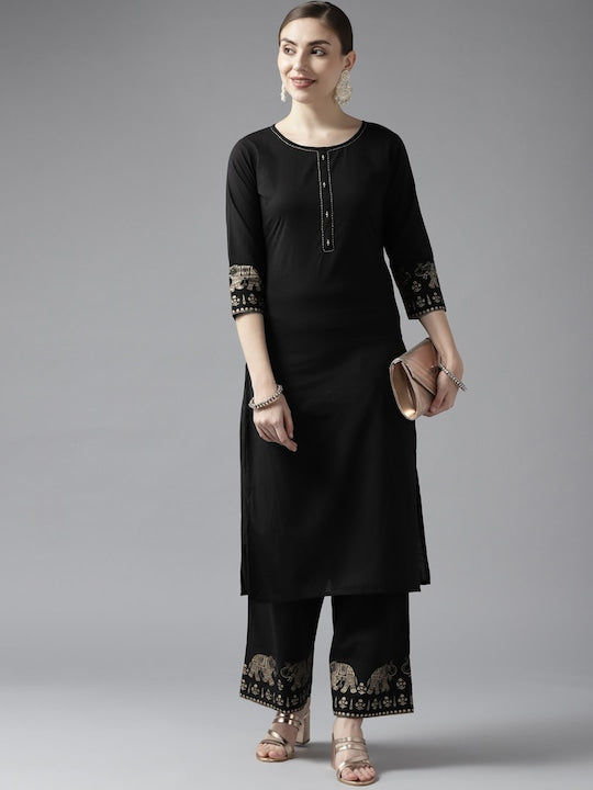 Yufta Women Black Ethnic Motifs Printed Pure Cotton Kurta with Palazzos