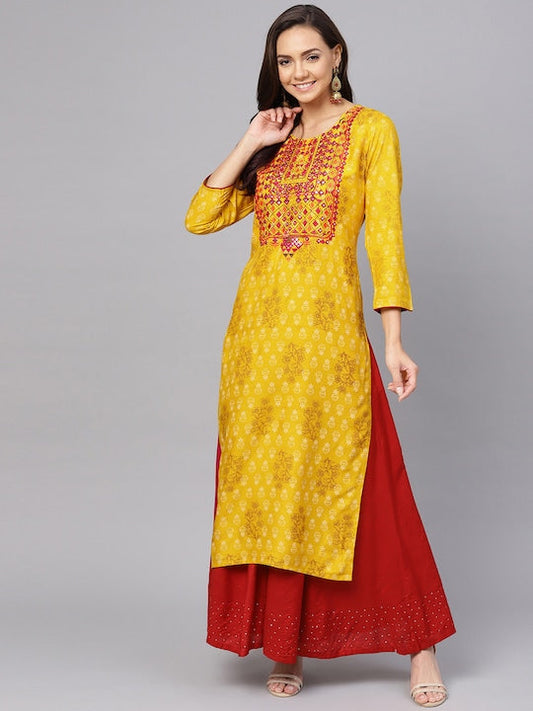 Anubhutee Women Mustard Yellow & Brown Screen Printed Straight Kurta