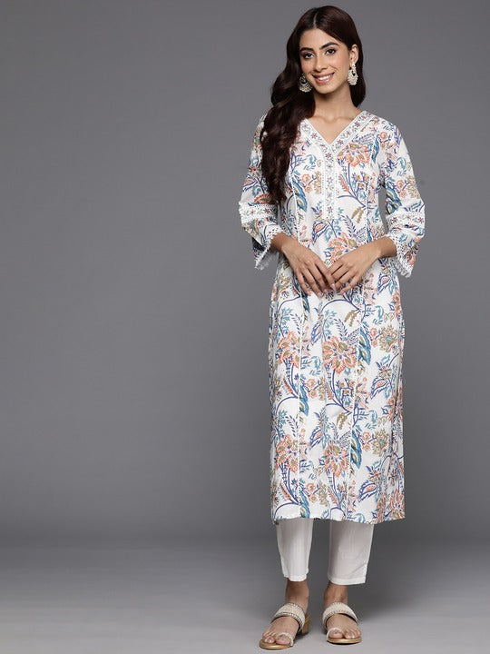 Varanga Women Floral Printed Regular Pure Cotton Kurta with Trousers
