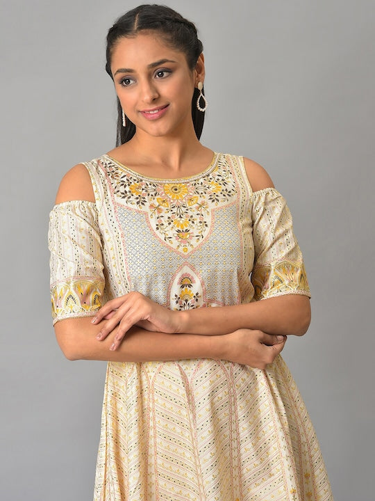 Aurelia Ethnic Motifs Printed Cold-Shoulder Sleeves Midi Fit & Flare Ethnic Dress