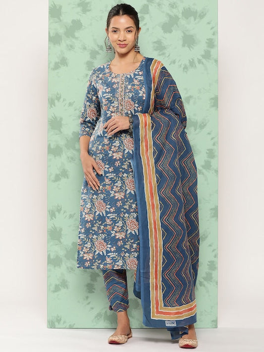 Yufta Floral Printed Thread Work Pure Cotton Kurta With Trousers & With Dupatta