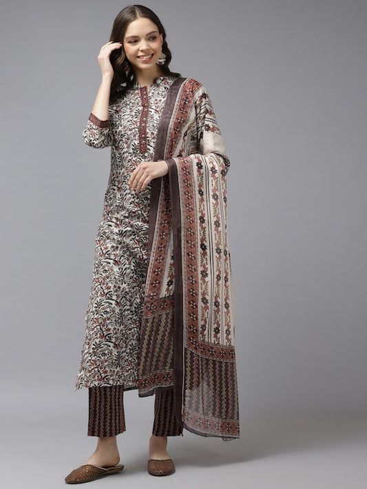 Yufta Women Brown Ethnic Motifs Printed Pure Cotton Kurta with Trousers & With Dupatta