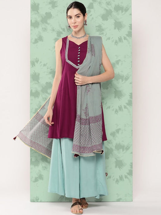 Yufta Embroidered Thread Work Kurta with Palazzos & With Dupatta