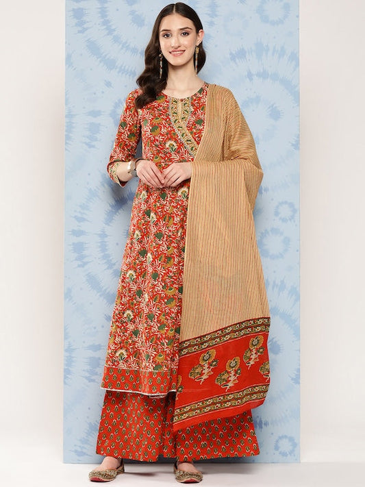 Yufta Women Printed Angrakha Gotta Patti Pure Cotton Kurta with Palazzos & With Dupatta