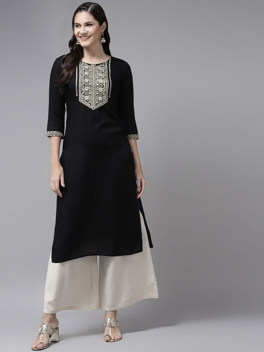 Yufta Women Black Ethnic Motifs Yoke Design Kurta