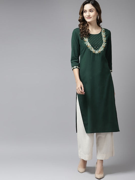 Yufta Women Green Floral Yoke Design Mirror Work Pure Cotton Kurta - M