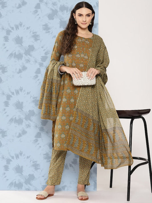 Yufta Women Ethnic Motifs Printed Pure Cotton Kurta with Trousers & Dupatta